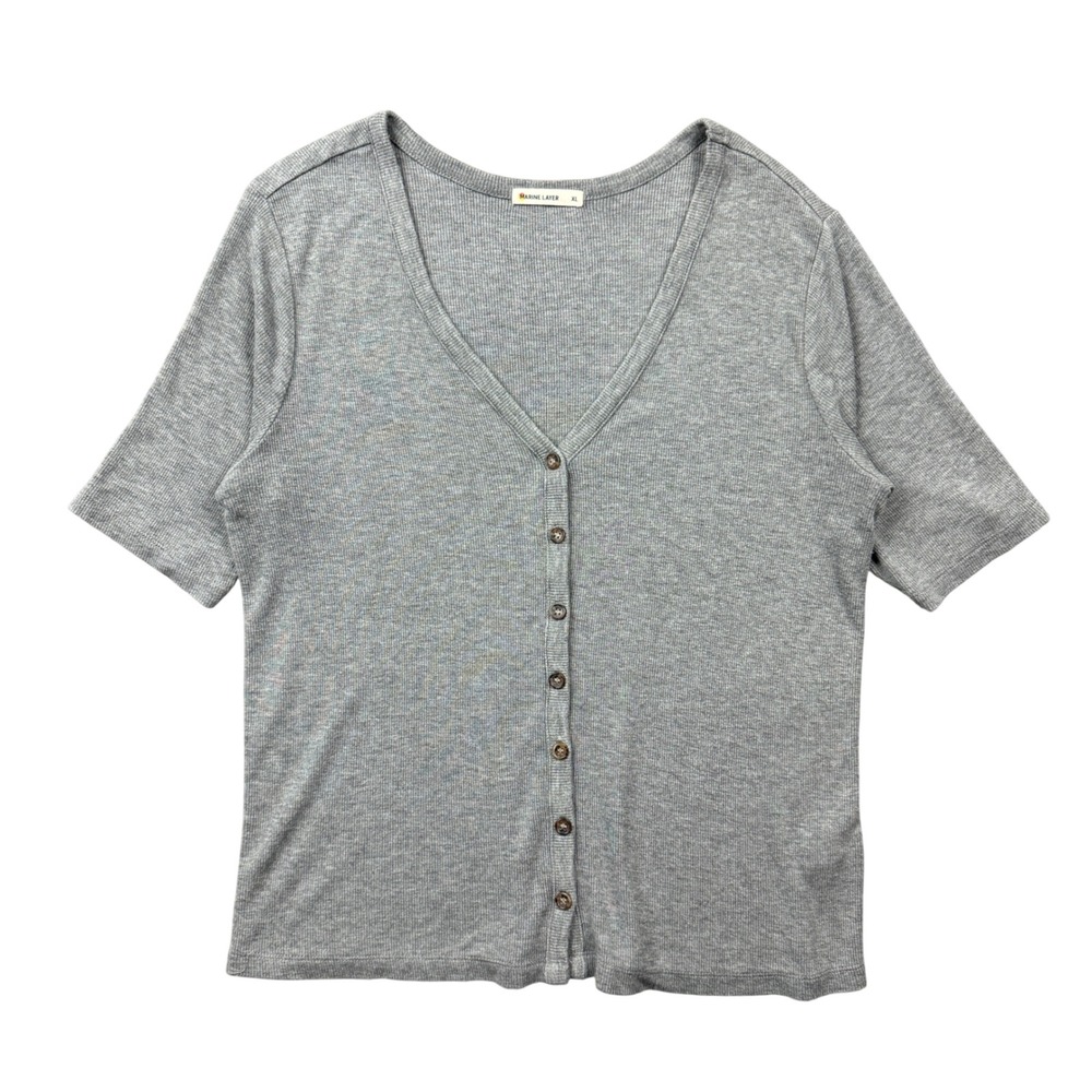 Marine Layer Gray Ribbed Button Front V Neck Tee Women XL Minimalist Basics